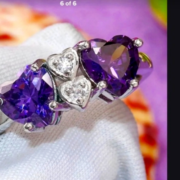 STERLING DOUBLE HEART AMETHYST RING SIZE 7/ 8 - Picture 2 of 3